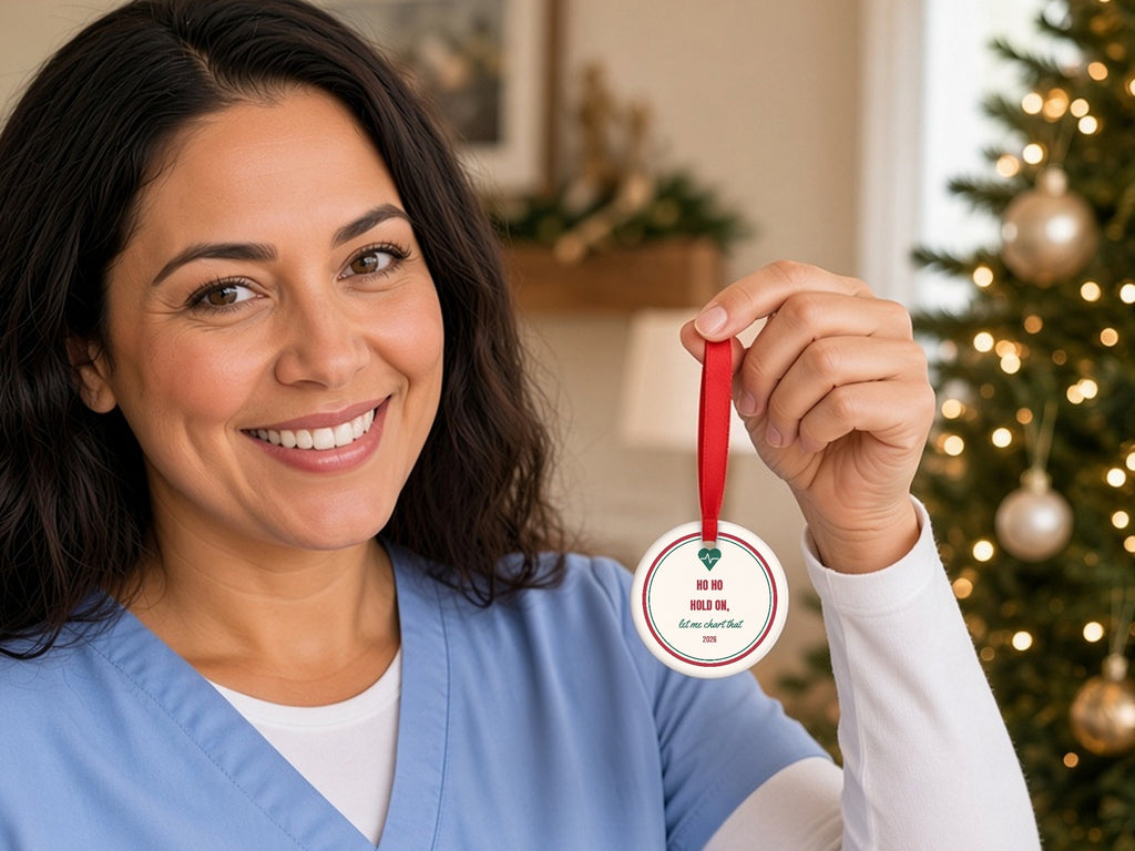 Funny Nurse Christmas Ornament - lifestyle photo 1, shown at true scale (2.9 in ornament)