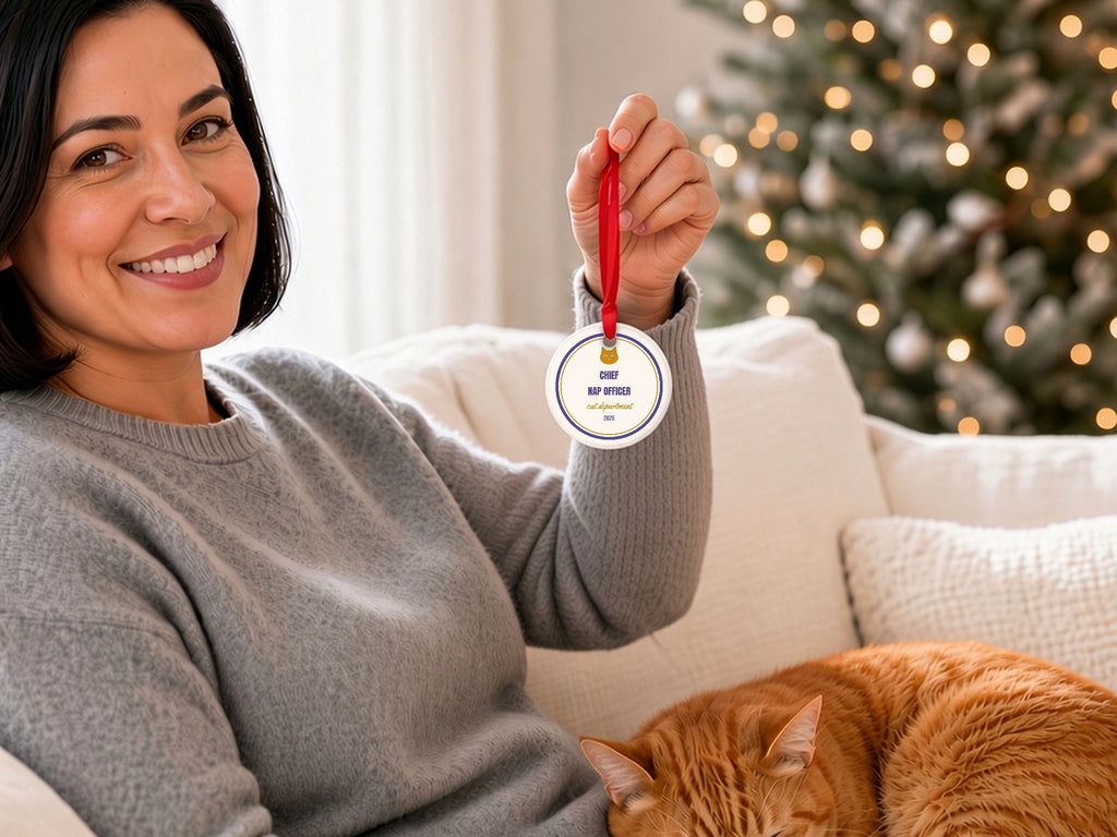 Cat Chief Nap Officer Ornament - lifestyle photo 1, shown at true scale (2.9 in ornament)