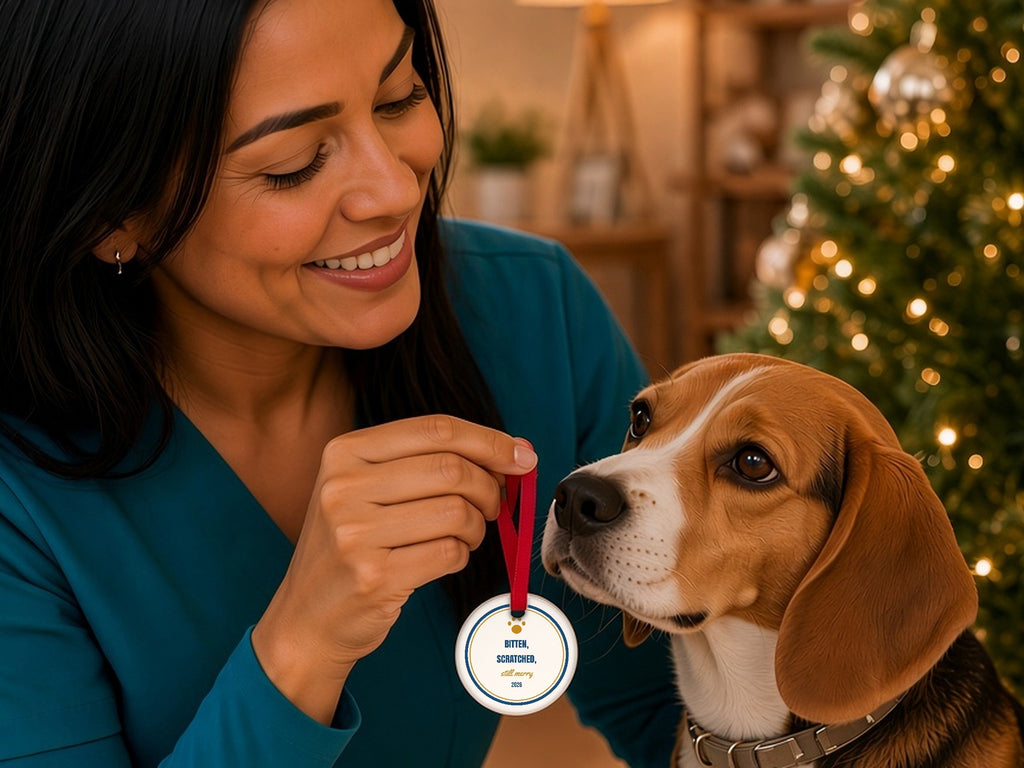 Funny Vet Christmas Ornament - lifestyle photo 1, shown at true scale (2.9 in ornament)