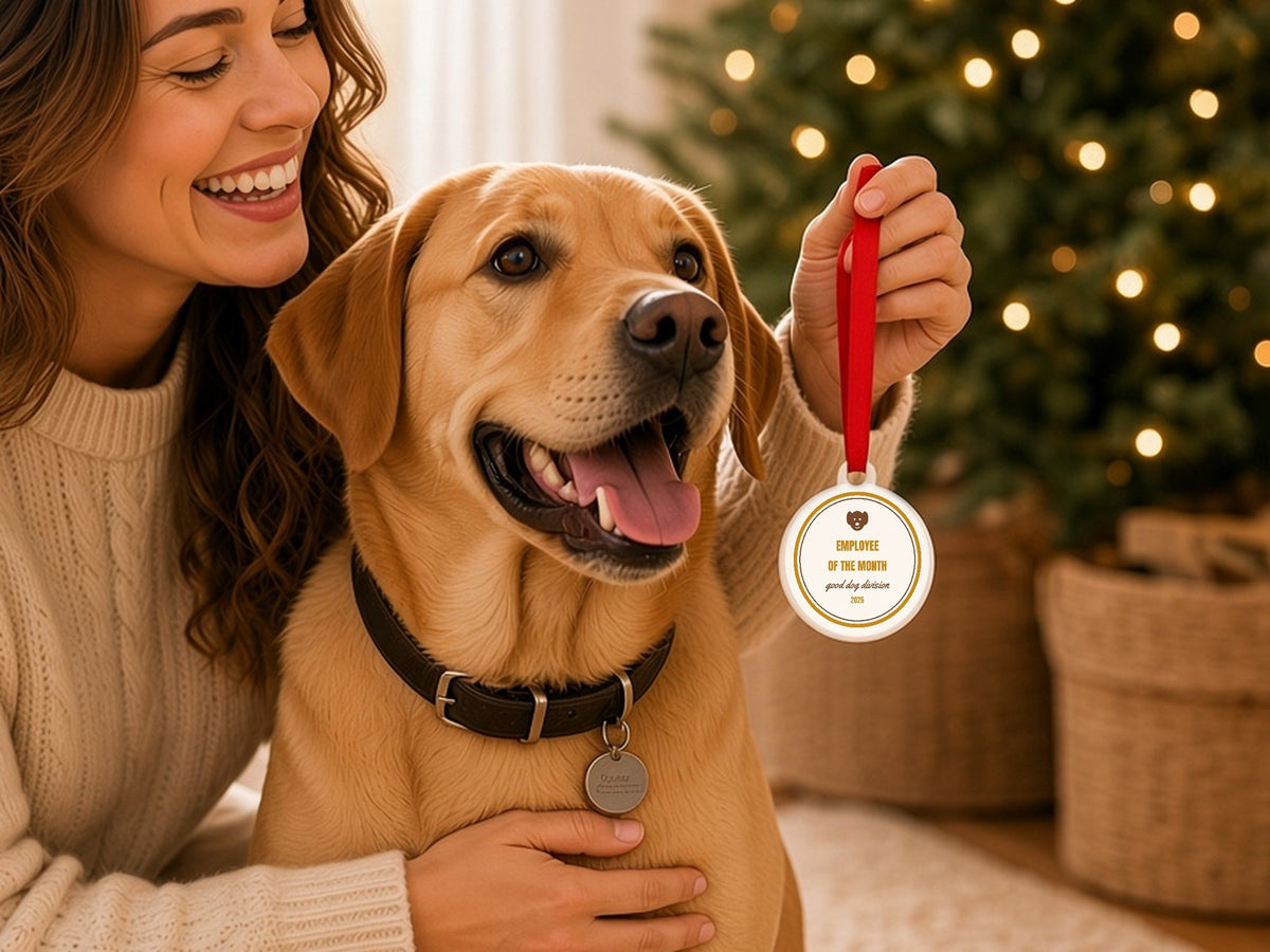 Dog Employee of the Month Ornament - lifestyle photo 1, shown at true scale (2.9 in ornament)