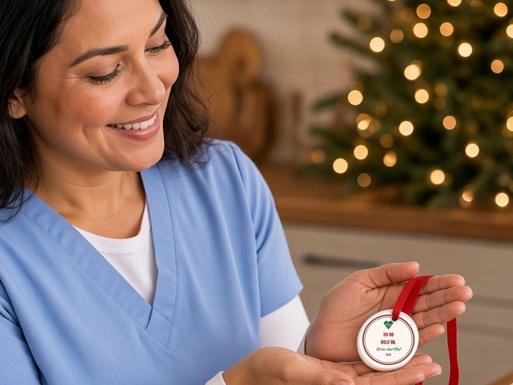 Funny Nurse Christmas Ornament - lifestyle photo 2, shown at true scale (2.9 in ornament)