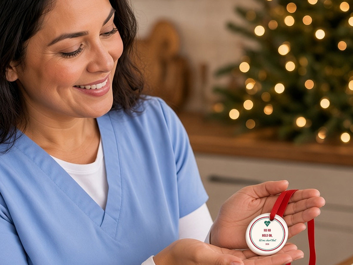 Funny Nurse Christmas Ornament - lifestyle photo 2, shown at true scale (2.9 in ornament)