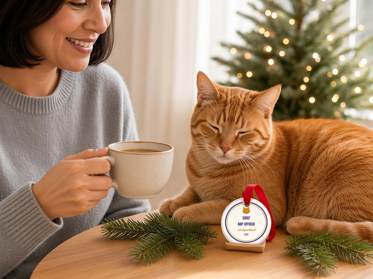 Cat Chief Nap Officer Ornament - lifestyle photo 2, shown at true scale (2.9 in ornament)
