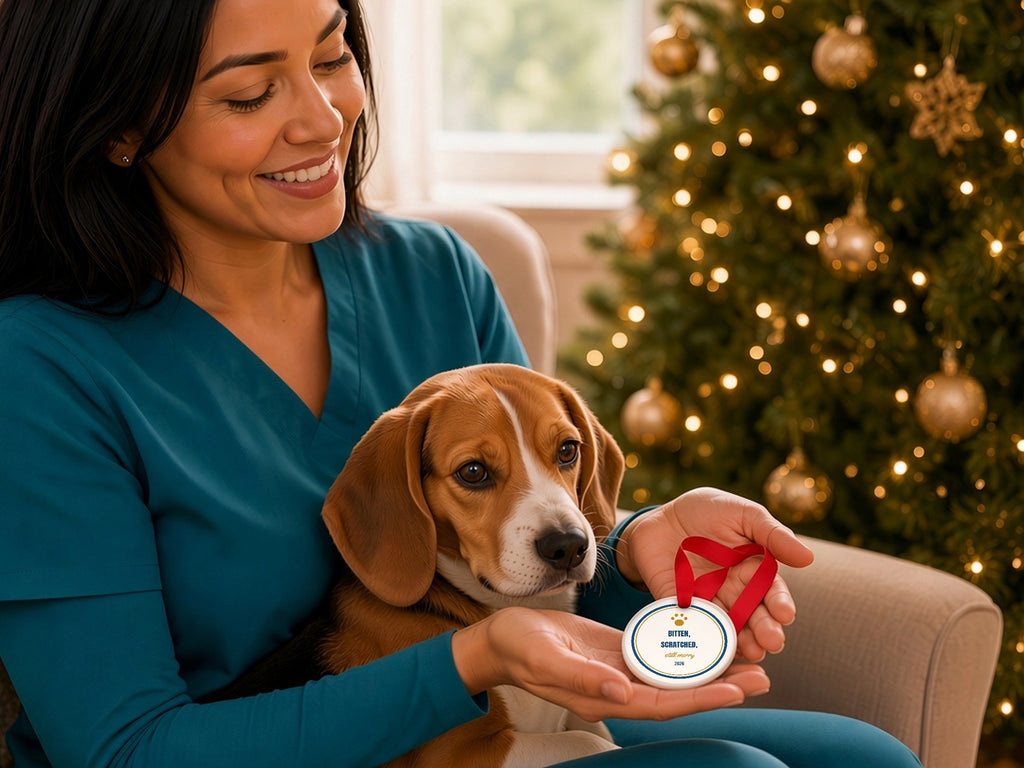 Funny Vet Christmas Ornament - lifestyle photo 2, shown at true scale (2.9 in ornament)
