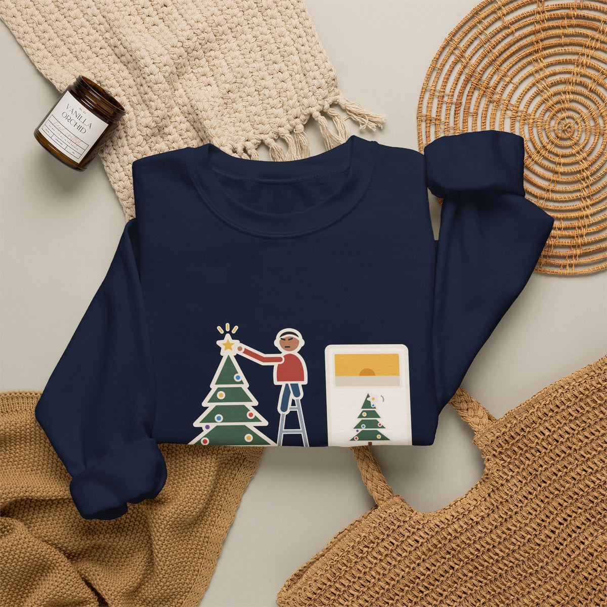 Christmas Tree Star Sweatshirt, Twenty Minutes on the Ladder Getting It Straight, Leaned Again by Morning, Funny Ladder and Star Crewneck