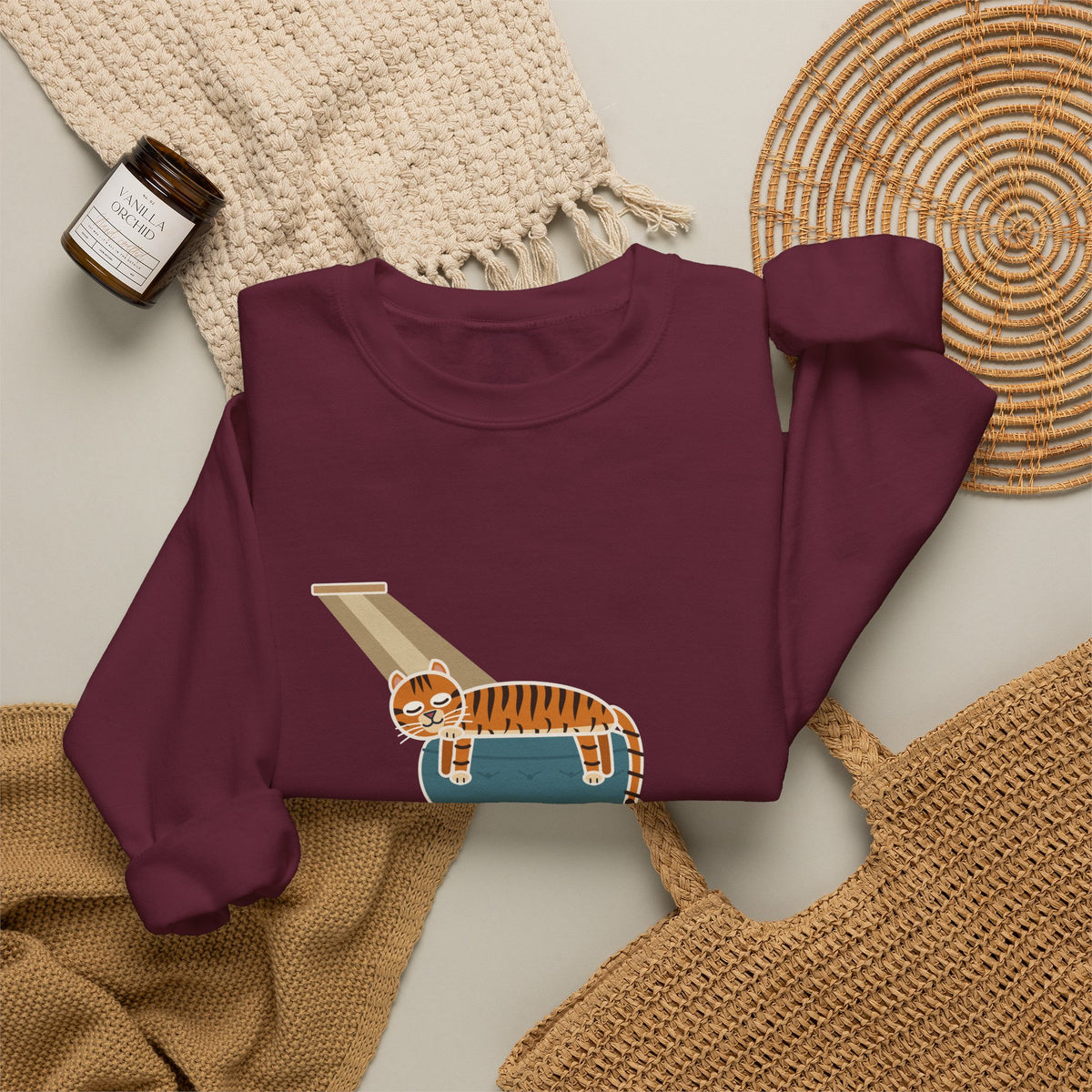 Tiger-Striped Cat Crewneck Sweatshirt - Sprawled on the Ottoman Like a Tiger on a Sun Rock Cat Gift