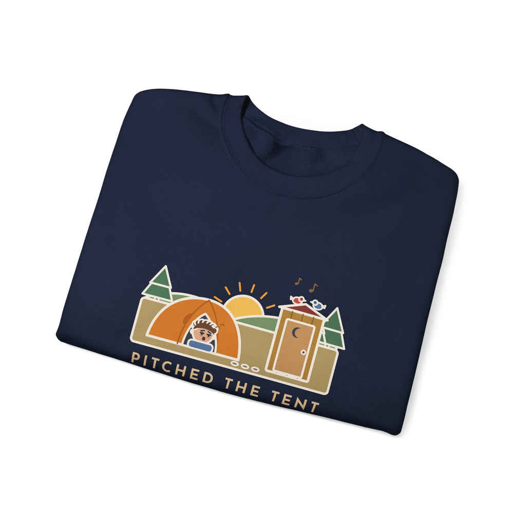 Pitched the Tent in the Dark Sweatshirt, Funny Camping Crewneck with Outhouse View