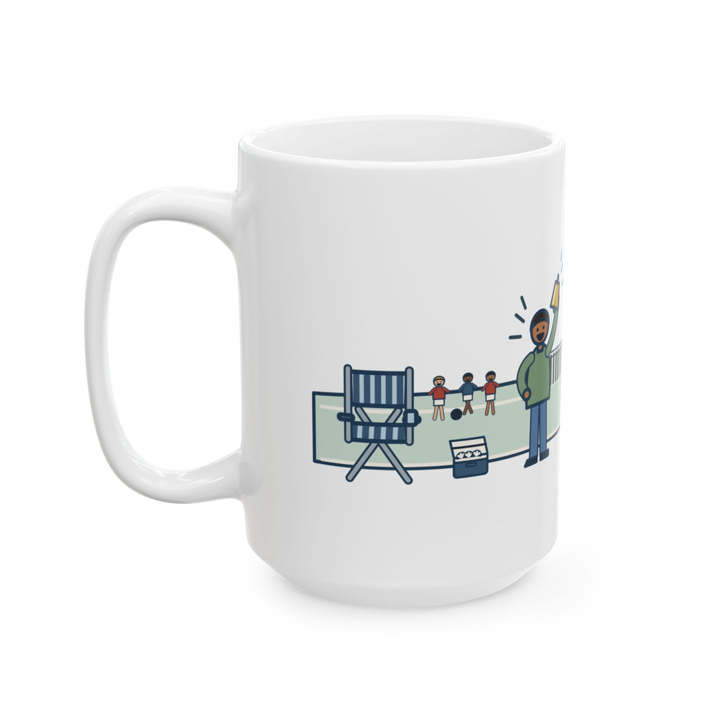 Folding Chair. Orange Slices. Loudest Voice on the Sideline. 15oz Mug, Large Soccer Coffee Mug with Sideline Parent