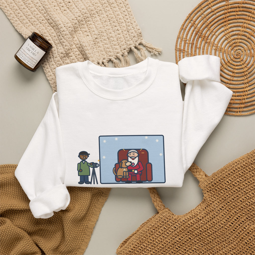 Holiday Photo Sweatshirt, Took the Dog for Photos with the Man in the Red Suit, He Licked the Beard, Funny Photo Set Crewneck
