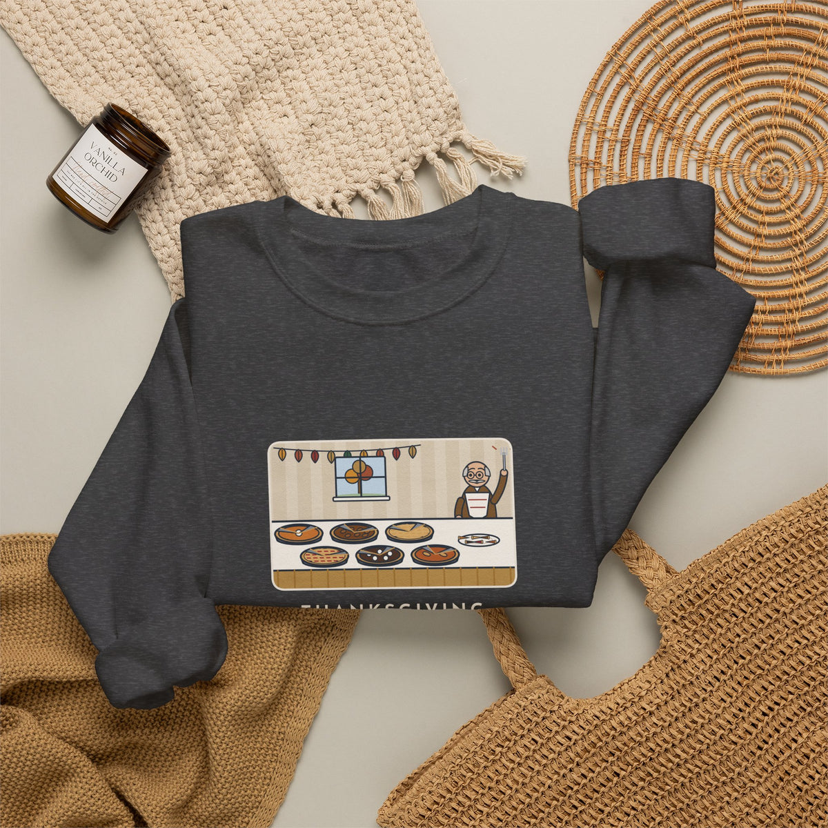 Thanksgiving Sweatshirt, Nine People, Six Pies, Grandpa Tried a Sliver of Every One Twice, Funny Pie Table Crewneck