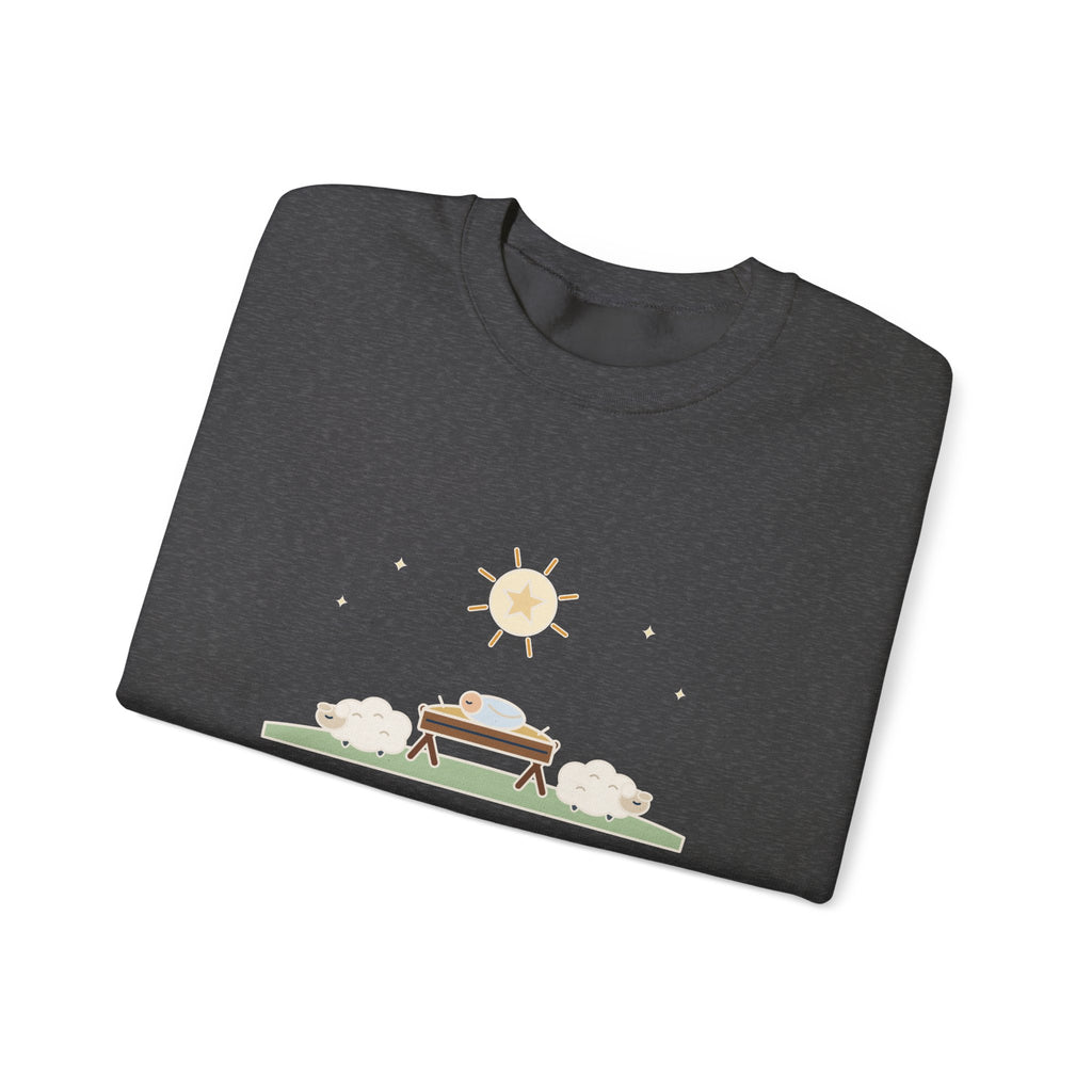 Away in a Manger Sweatshirt, Christmas Anonymous Quote Crewneck with Manger and Lambs