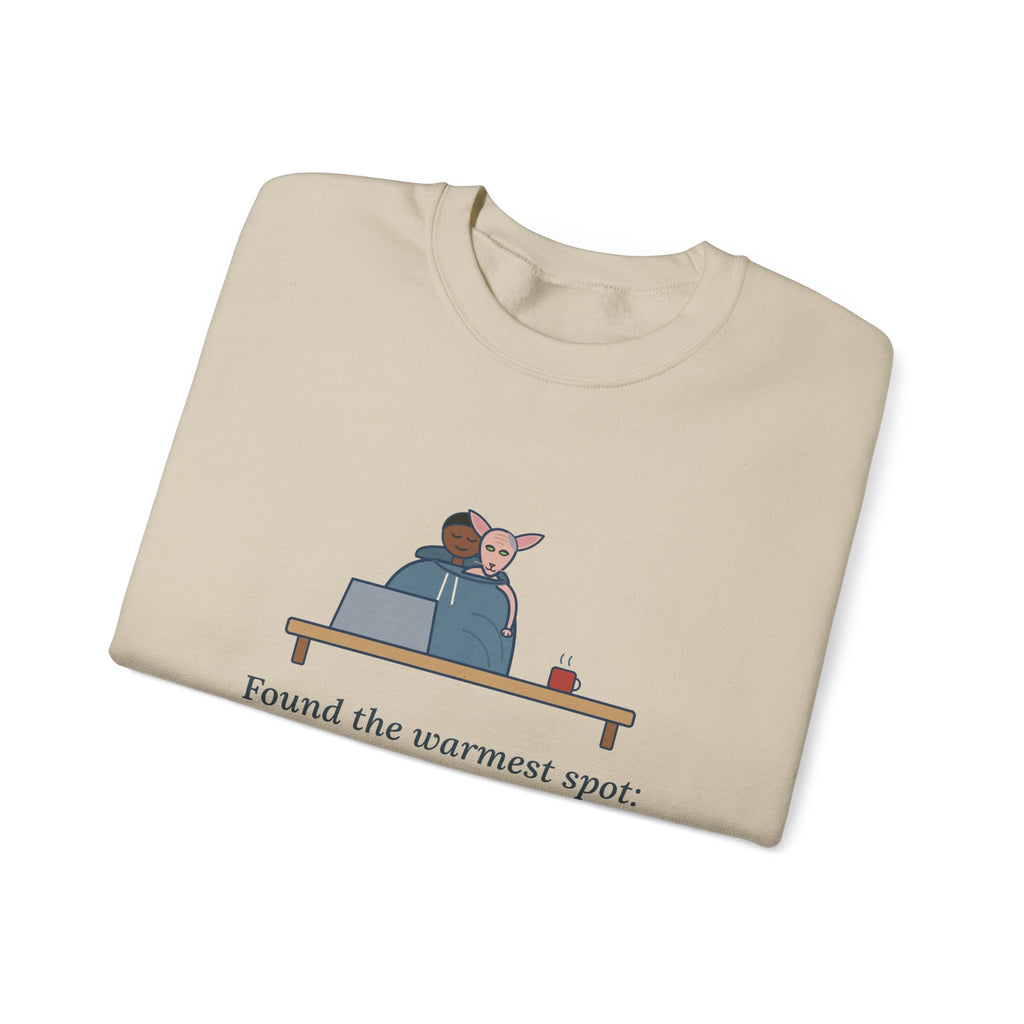 Peterbald Cat Found the Warmest Spot Crewneck Sweatshirt - Funny Hairless Cat Lover Gift