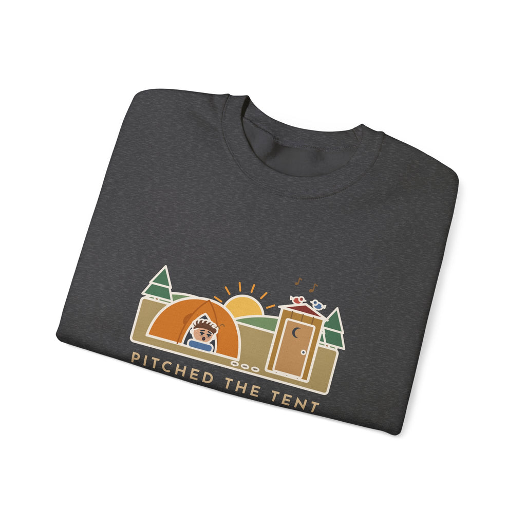 Pitched the Tent in the Dark Sweatshirt, Funny Camping Crewneck with Outhouse View
