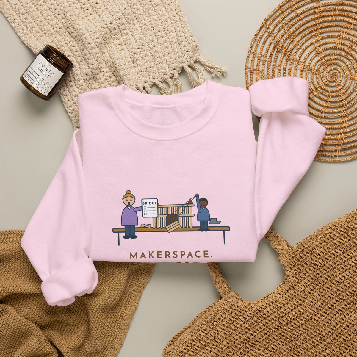 Makerspace Teacher Crewneck Sweatshirt - Craft-Stick Castle With a Working Drawbridge