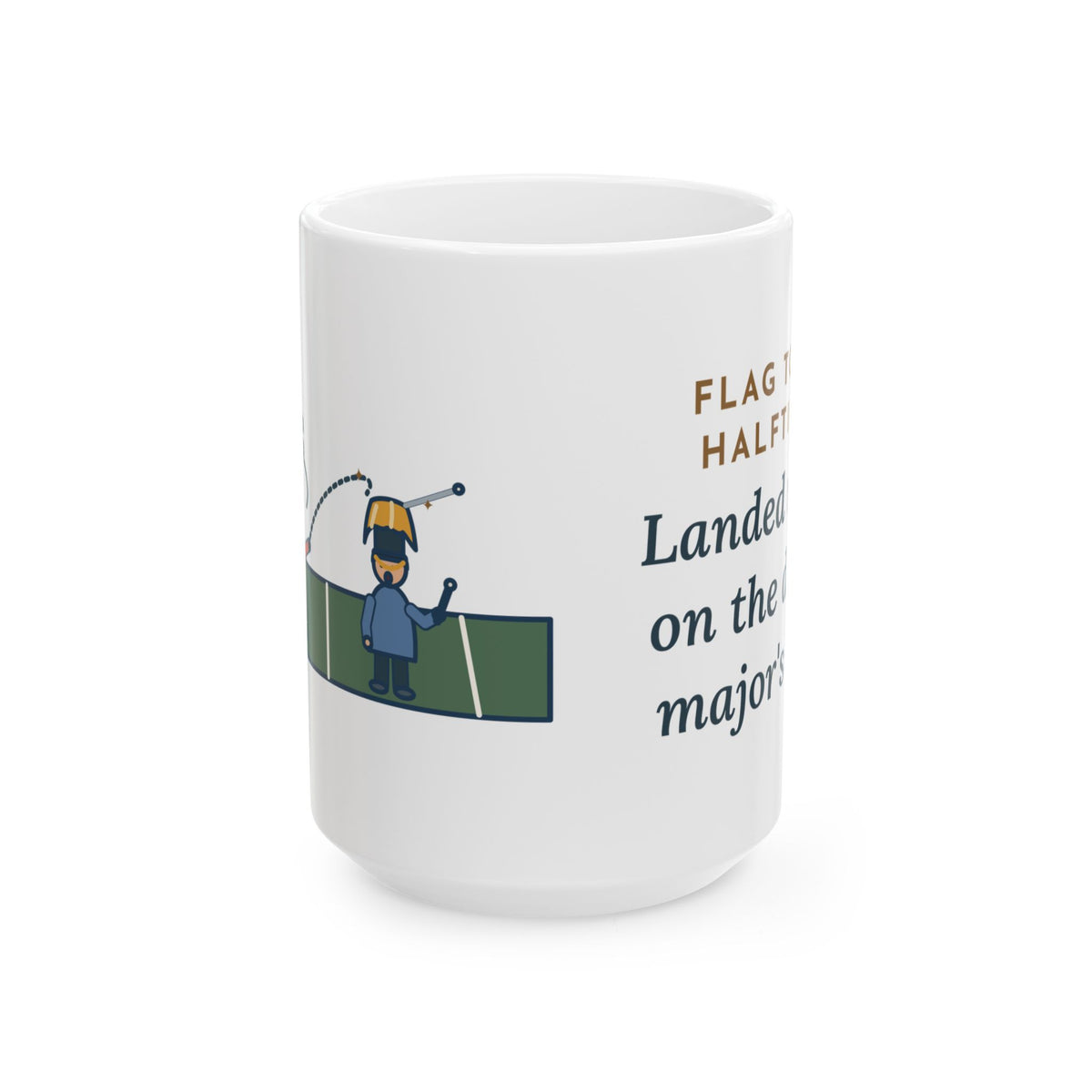 Large Color Guard Coach Mug 15oz - Halftime Flag Toss, Drum Major's Hat, Direct Hit