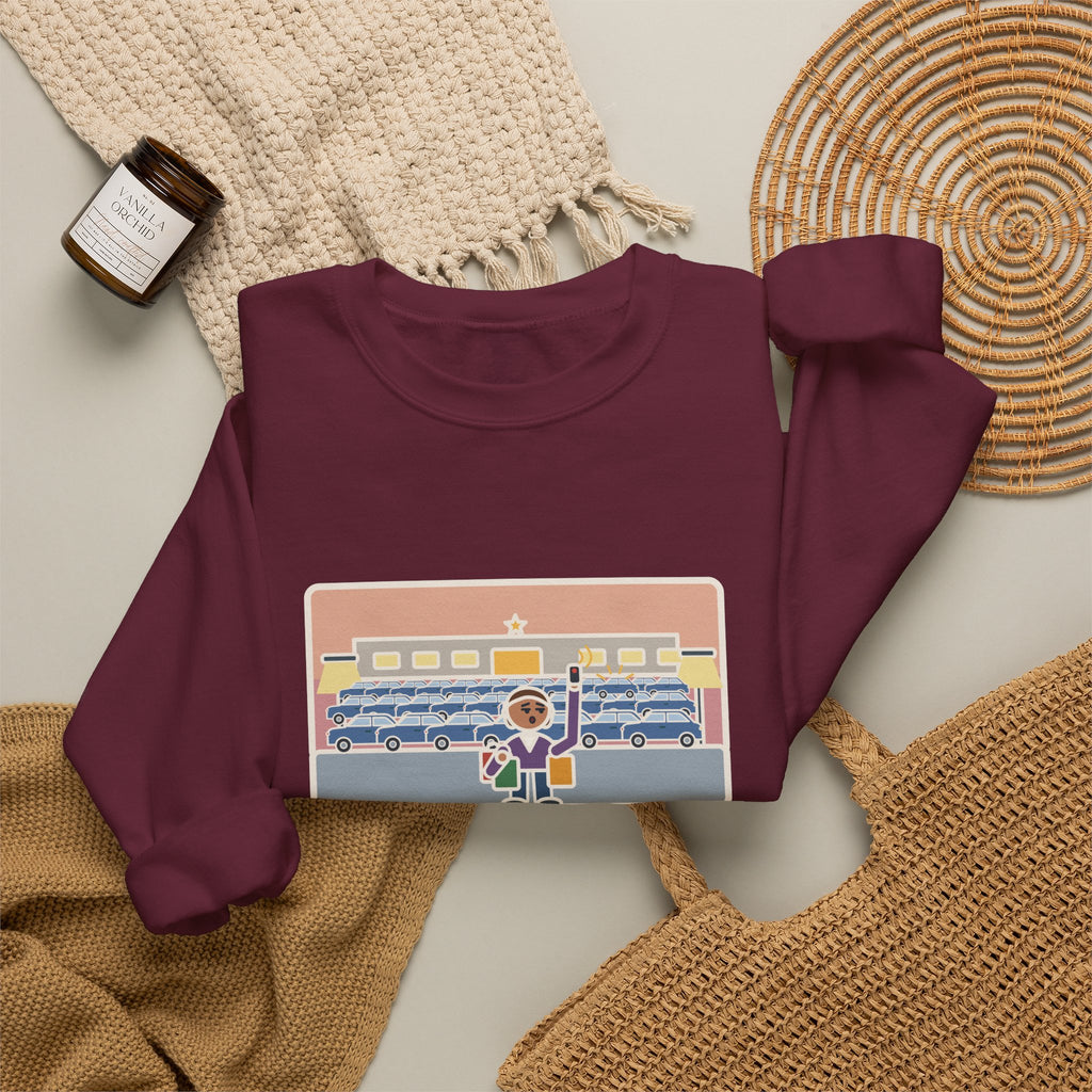 December Shopping Sweatshirt, Found a Parking Spot in Twenty Minutes, Found the Car Again in Forty, Funny Mall at Dusk Crewneck