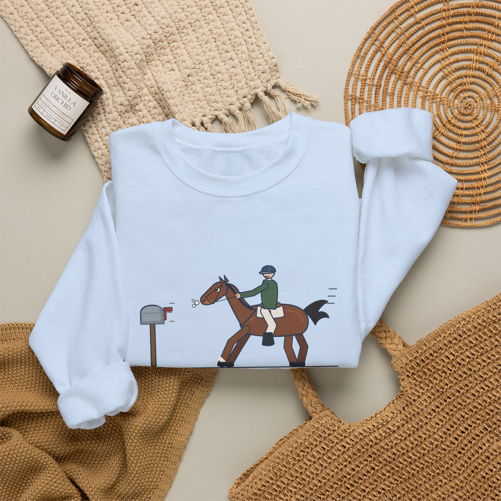 Horse Riders Crewneck Sweatshirt - Spooked at the Mailbox He Passes Daily
