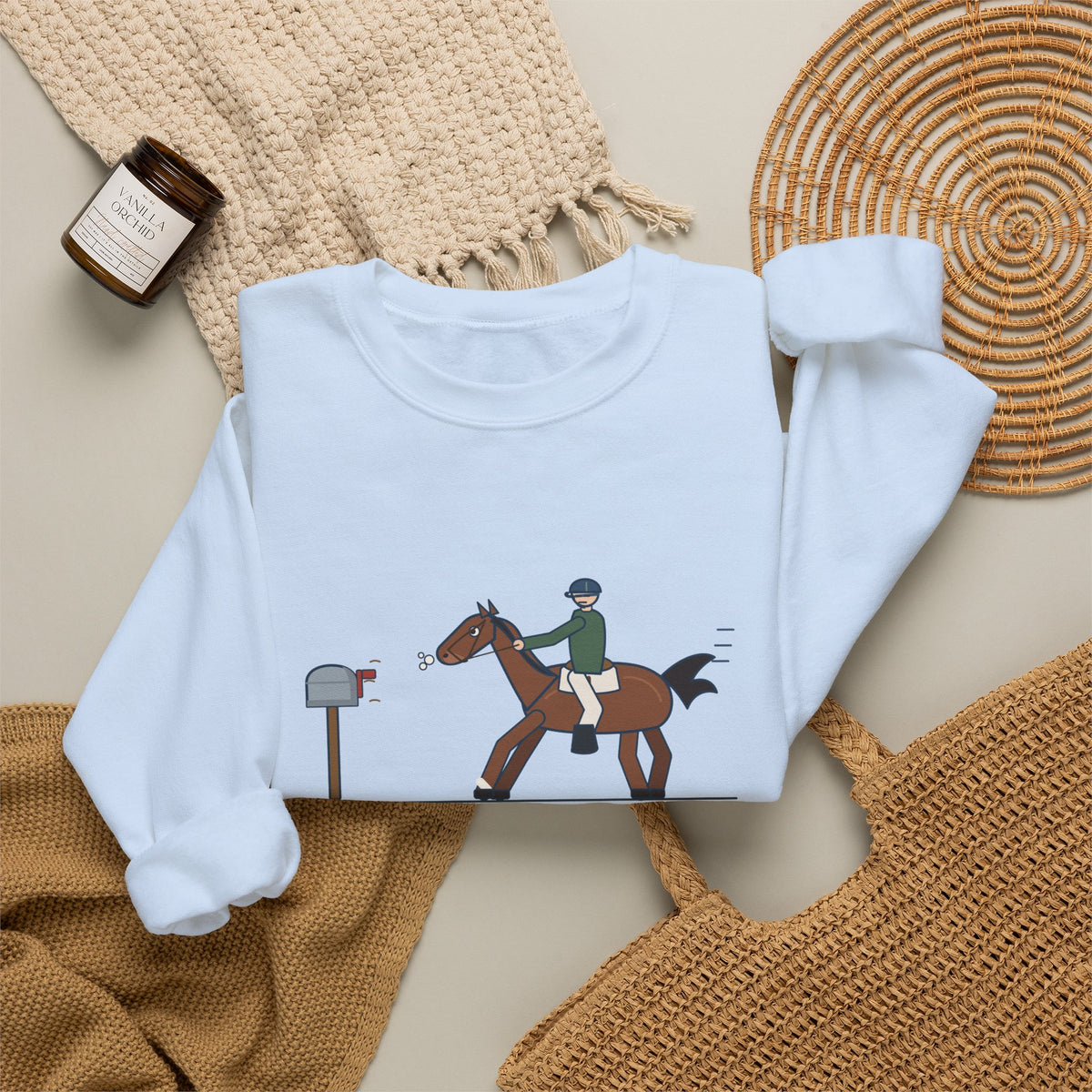 Horse Riders Crewneck Sweatshirt - Spooked at the Mailbox He Passes Daily