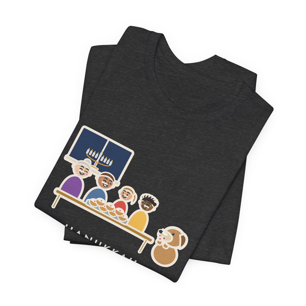 Funny Hanukkah T-Shirt, One Tray of Jelly Doughnuts, Powdered Sugar on Every Face, the Dog's Too, Sugar Mustaches Tee