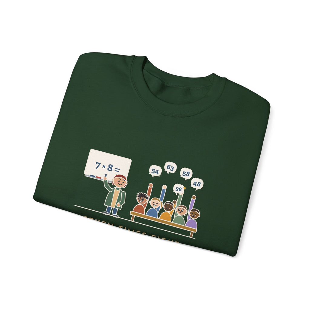 4th Grade Teacher Crewneck Sweatshirt - Seven Times Eight, Thirty Hands Up, Thirty Answers