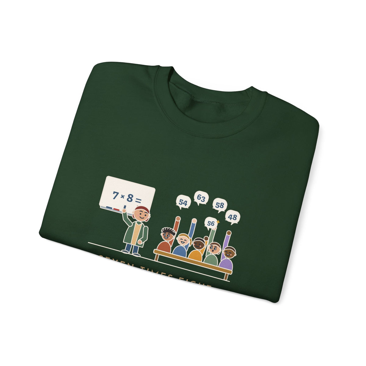 4th Grade Teacher Crewneck Sweatshirt - Seven Times Eight, Thirty Hands Up, Thirty Answers