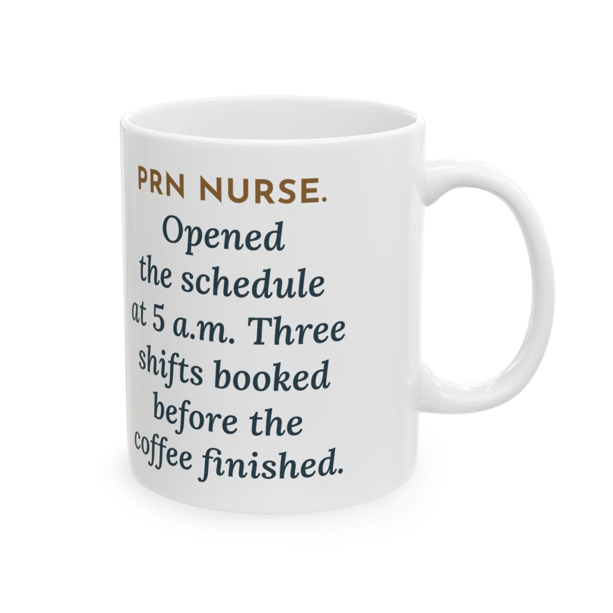 PRN Nurse Mug, Opened the Schedule at 5 a.m., Three Shifts Booked Before the Coffee Finished, Funny Coffee Mug 11oz