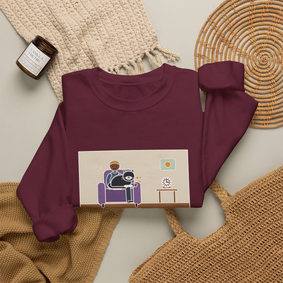 Cat Lap Sweatshirt, His Arm Fell Asleep at Minute Ten, The Cat Stayed Till Minute Sixty, Funny Armchair Hour Crewneck