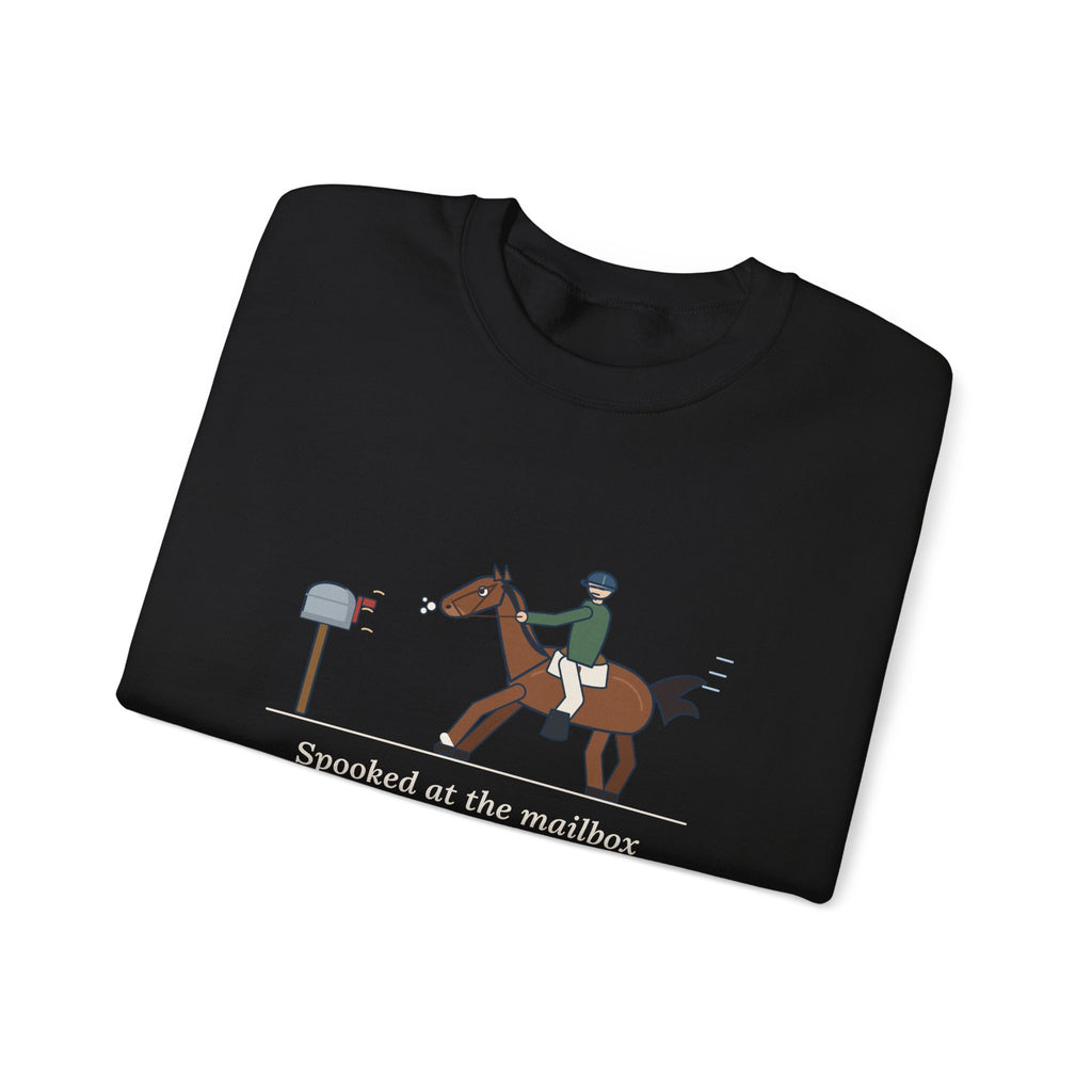 Horse Riders Crewneck Sweatshirt - Spooked at the Mailbox He Passes Daily