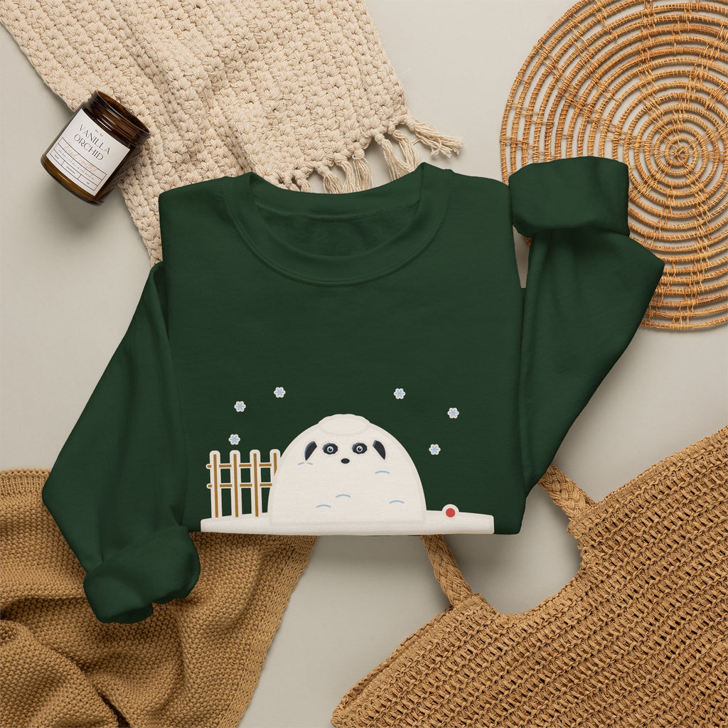 Sheepadoodle Sweatshirt, Sat Down in the Snow and Became a Snowdrift with Eyes, Funny Snowy Yard Crewneck