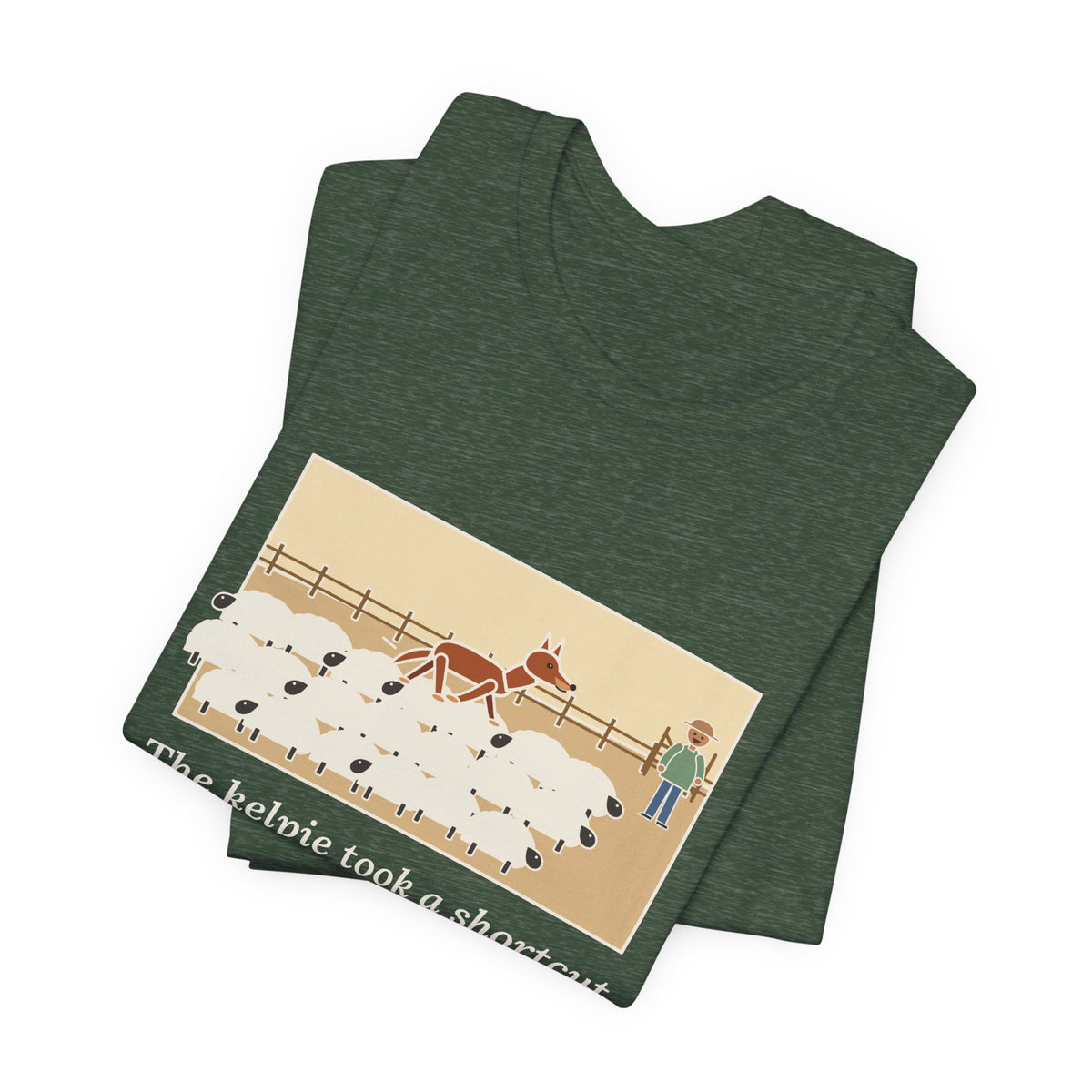 Funny Australian Kelpie T-Shirt, Took a Shortcut Across the Backs of the Sheep, Paddock Shortcut Tee