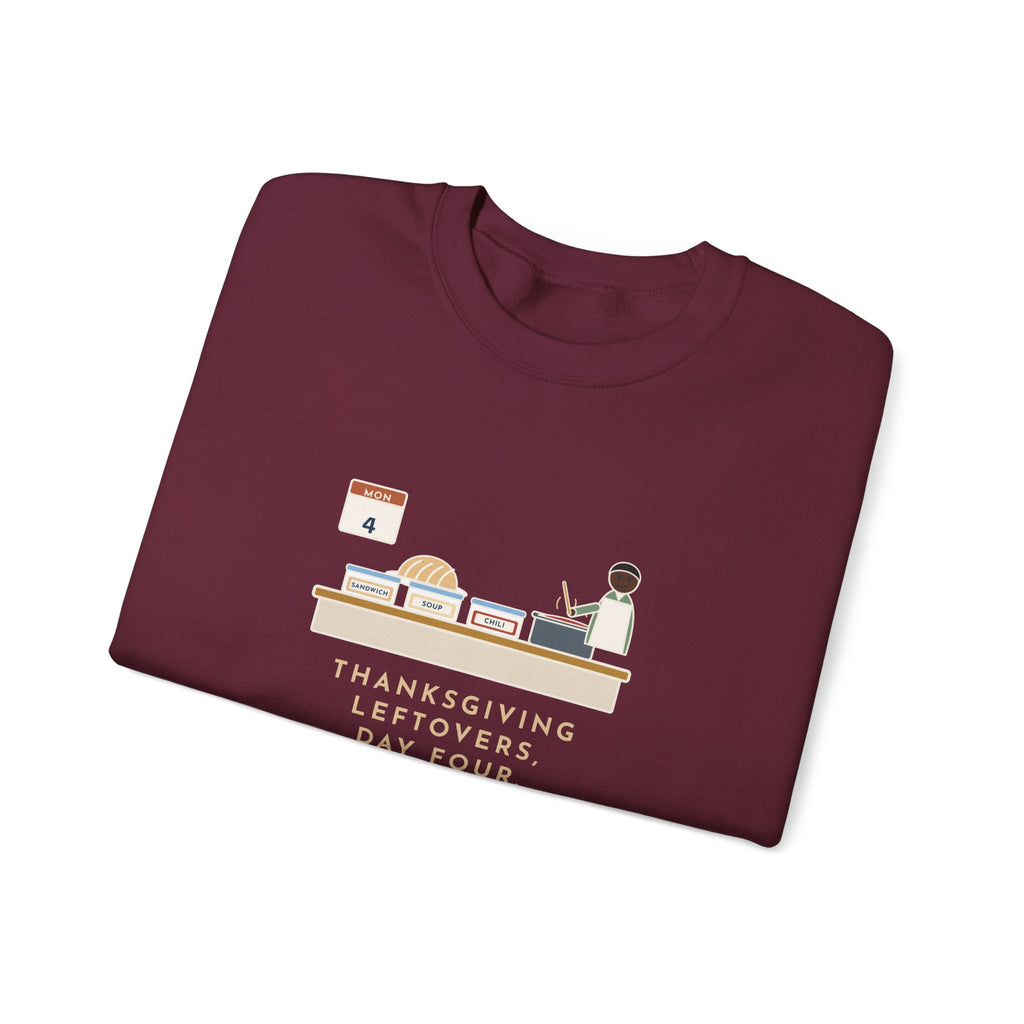Thanksgiving Leftovers Sweatshirt, Day Four, Sandwich, Then Soup, Now Turkey Chili, Funny Leftover Plan Crewneck
