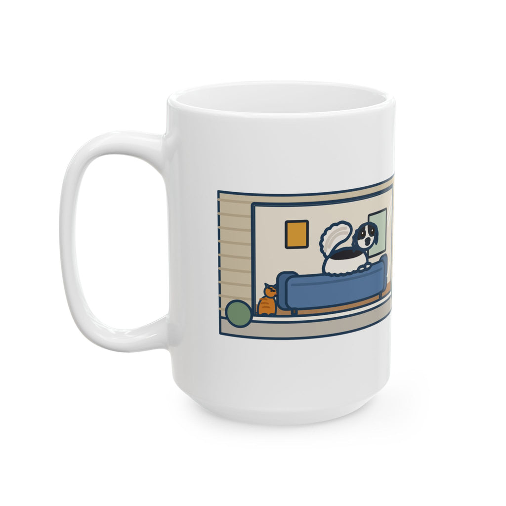 Perched on the Back of the Couch Like a Cat, Watching the Street 15oz Mug, Large Funny Japanese Chin Coffee Mug