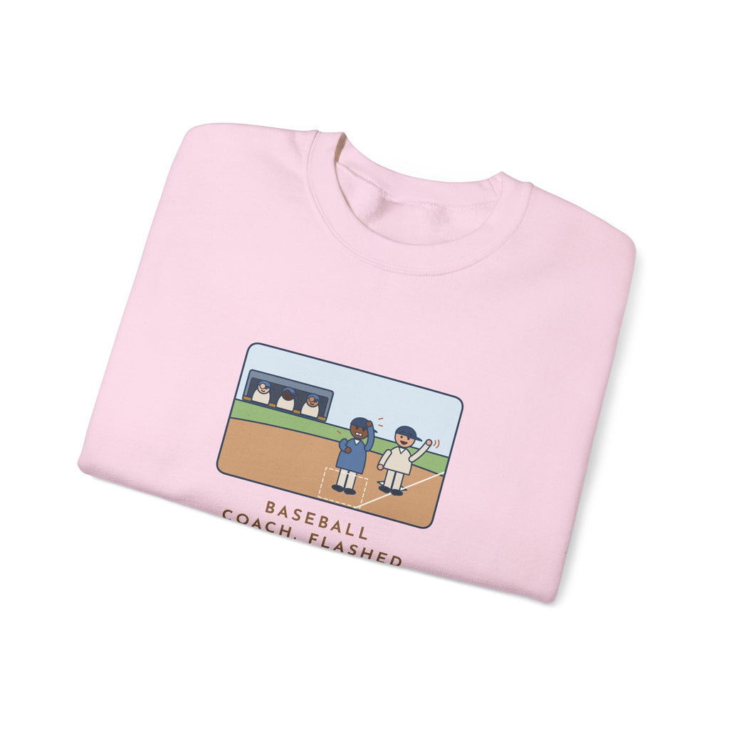 Baseball Coach Sweatshirt, Flashed Fourteen Signs to Third Base, The Runner Waved Back, Funny Third Base Box Crewneck