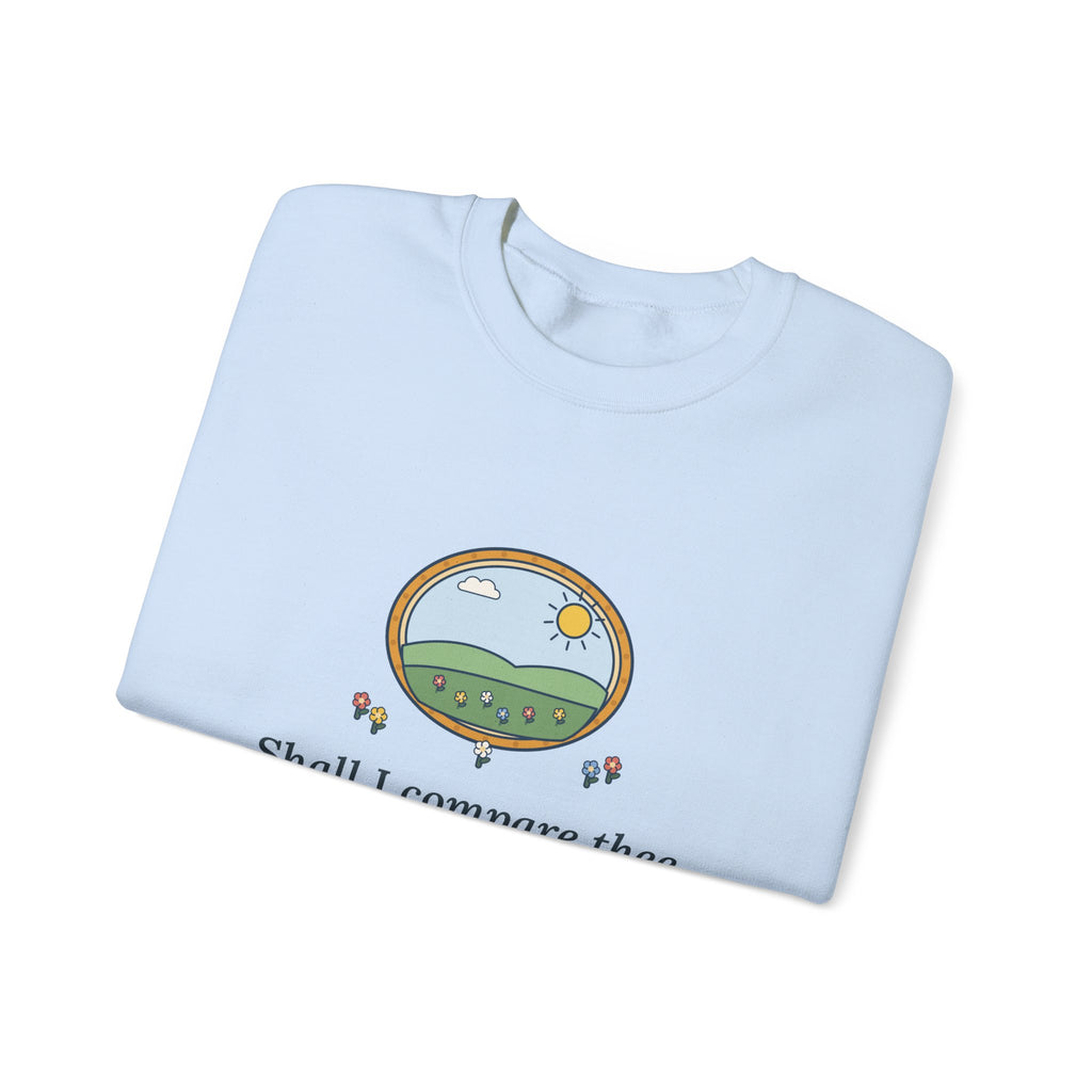 Shall I Compare Thee to a Summer's Day Sweatshirt, Love Shakespeare Quote Crewneck with Framed Meadow