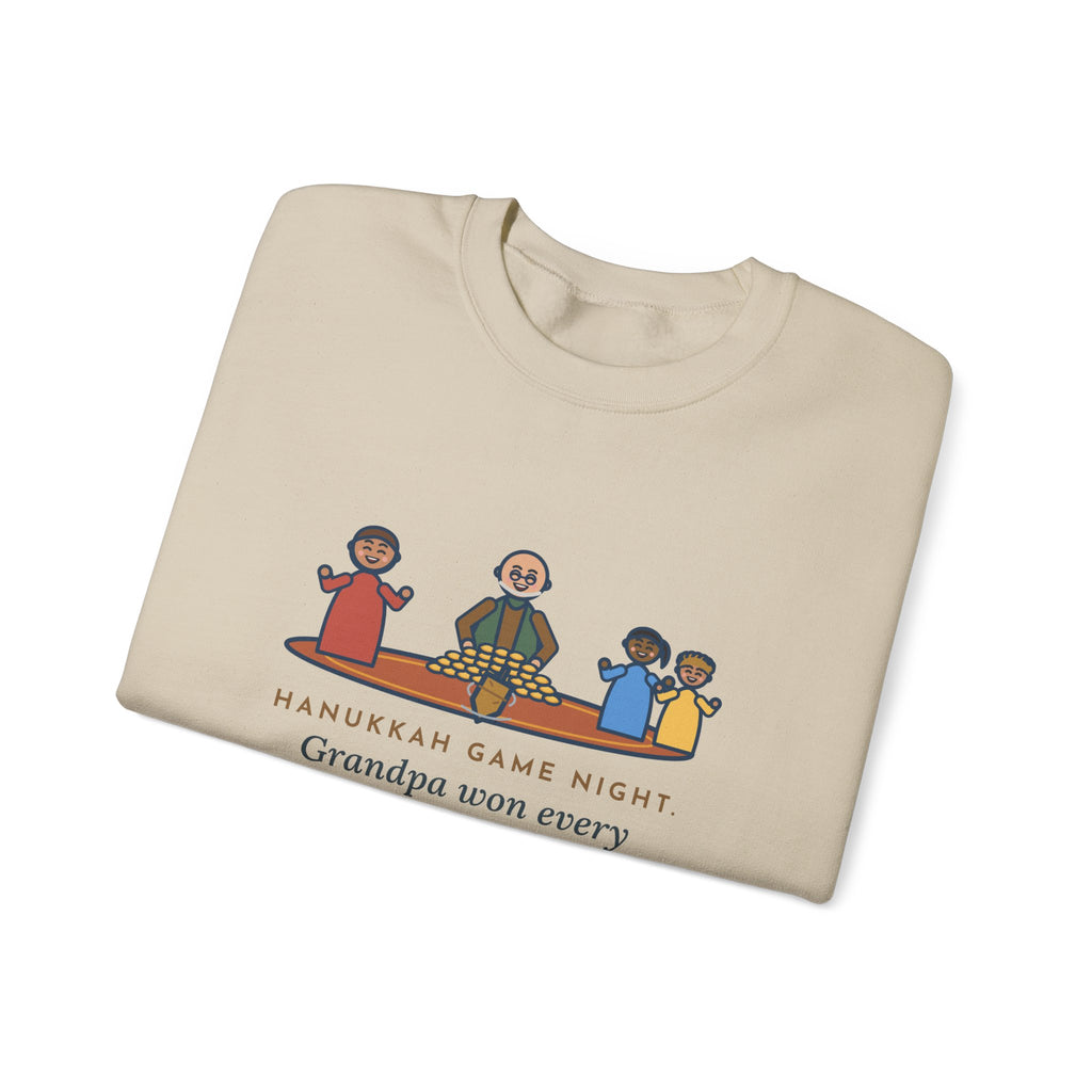 Hanukkah Game Night Sweatshirt, Grandpa Won Every Chocolate Coin with a Dreidel Older Than Mom, Funny Living Room Rug Crewneck