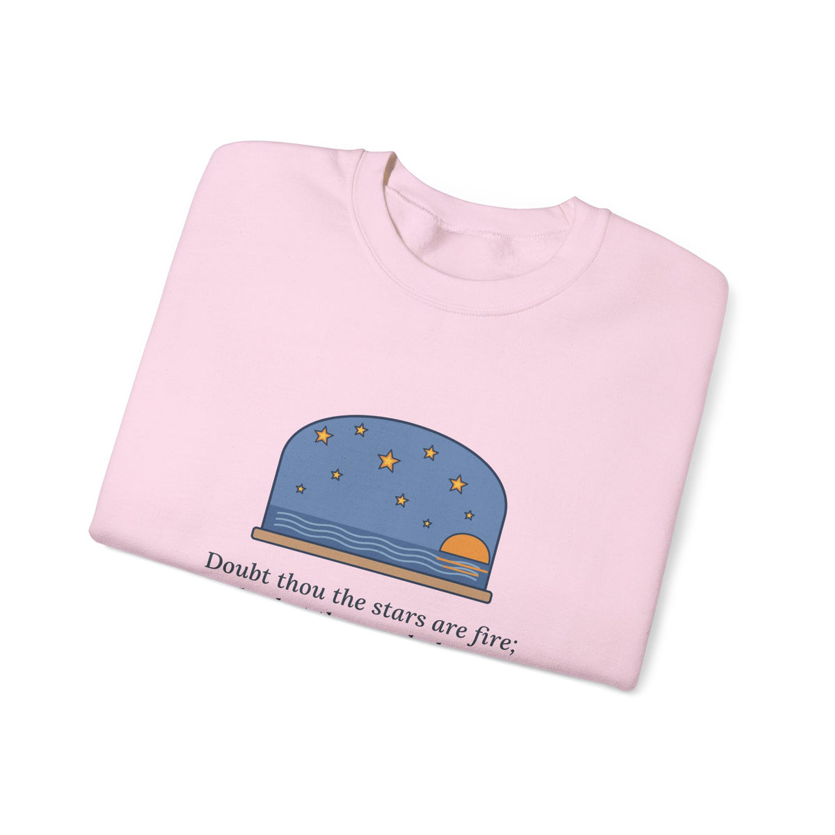 But Never Doubt I Love Sweatshirt, Love Shakespeare Quote Crewneck with Fiery Stars at Sea