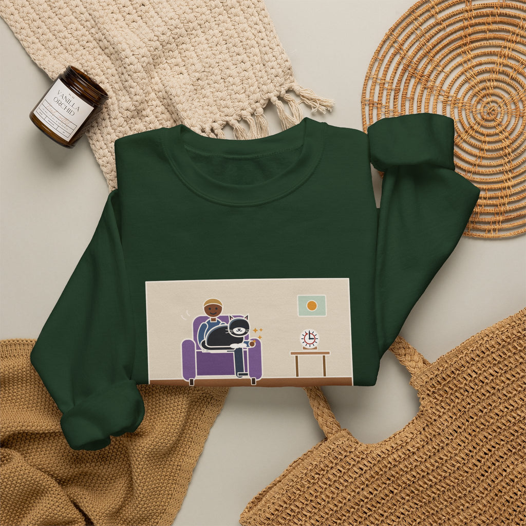 Cat Lap Sweatshirt, His Arm Fell Asleep at Minute Ten, The Cat Stayed Till Minute Sixty, Funny Armchair Hour Crewneck