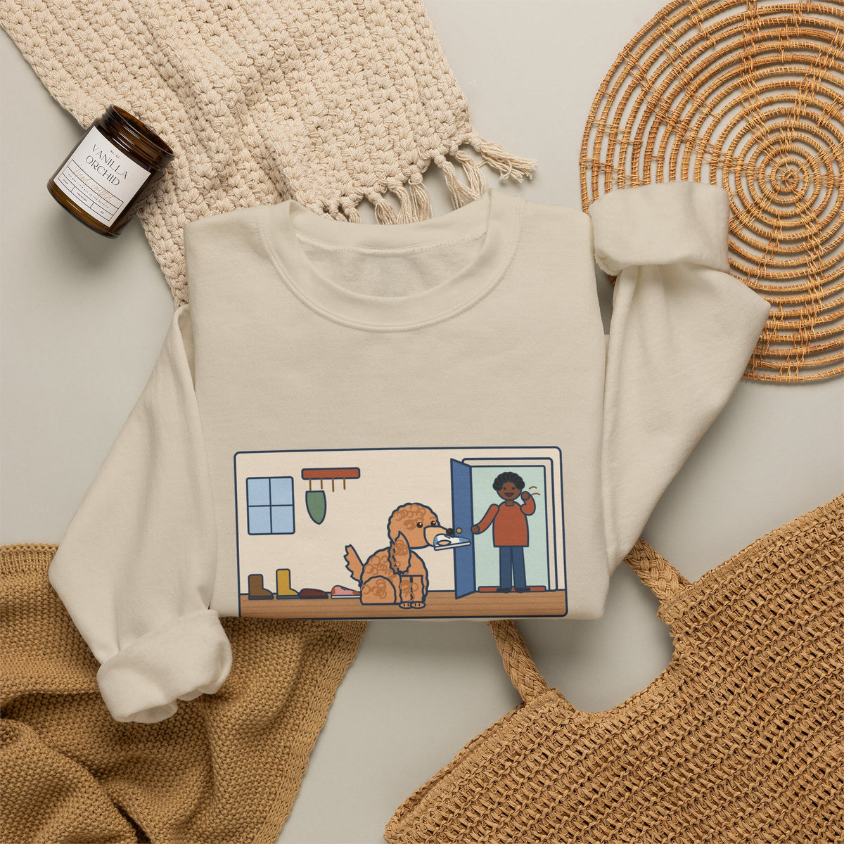 Cockapoo Sweatshirt, Brings One Shoe to Every Guest at the Door, Never the Pair, Funny Front Door Greeting Crewneck