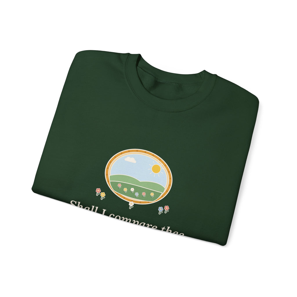 Shall I Compare Thee to a Summer's Day Sweatshirt, Love Shakespeare Quote Crewneck with Framed Meadow
