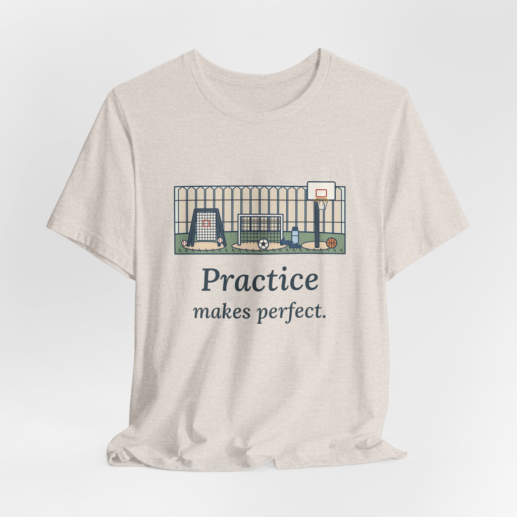 Practice Makes Perfect T-Shirt, Youth Sports Proverb Tee with Backyard Practice