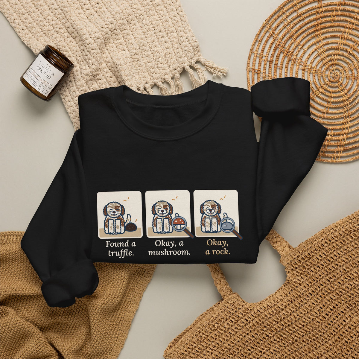 Lagotto Romagnolo Crewneck Sweatshirt - Truffle, Mushroom, Rock Three-Panel Dog Comic