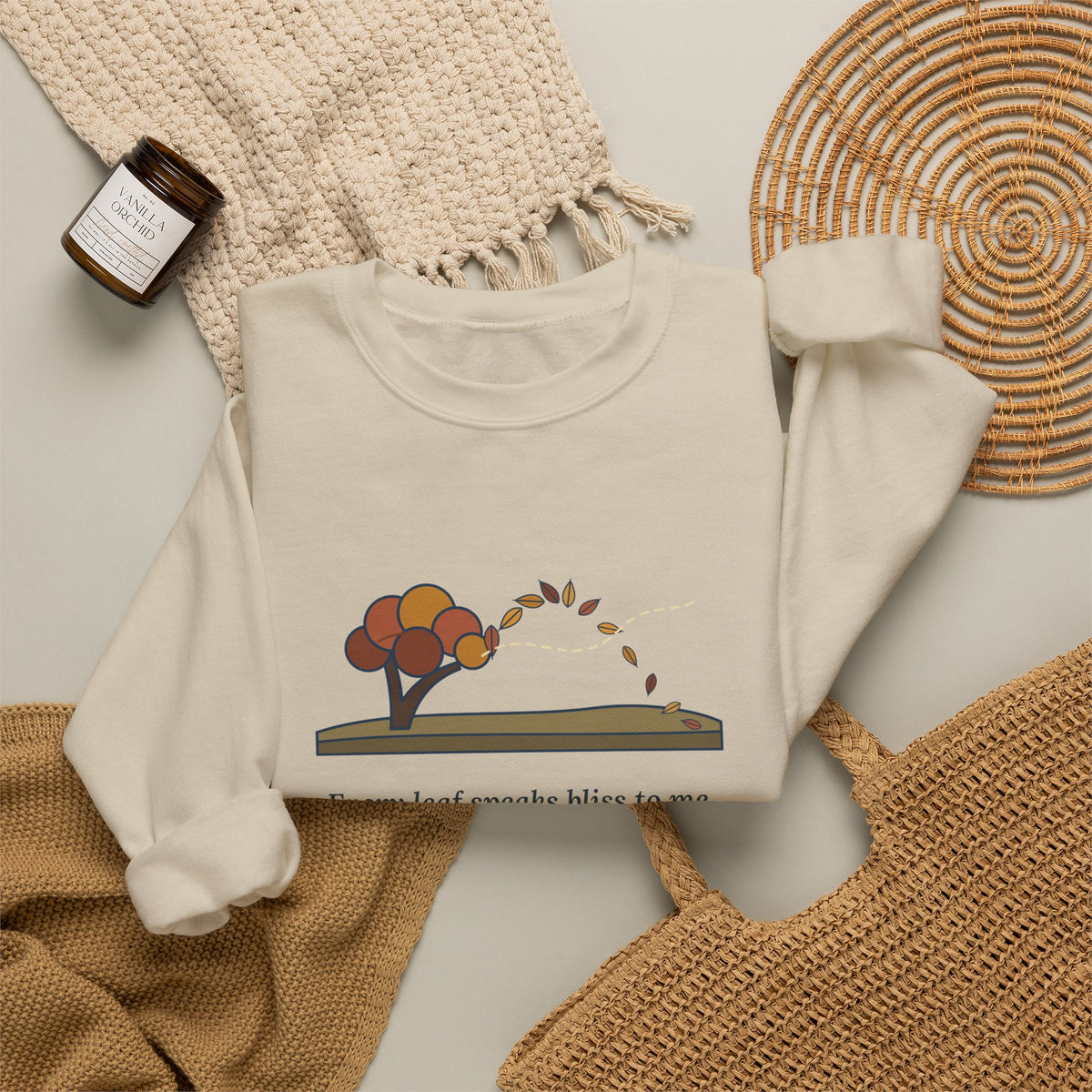 Every Leaf Speaks Bliss to Me Sweatshirt, Autumn Emily Brontë Quote Crewneck with Windswept Moor Tree