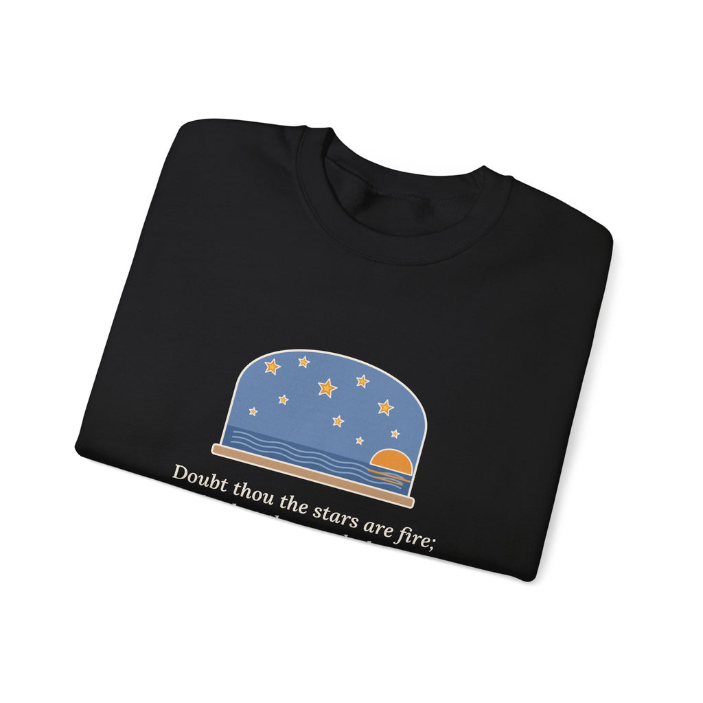 But Never Doubt I Love Sweatshirt, Love Shakespeare Quote Crewneck with Fiery Stars at Sea
