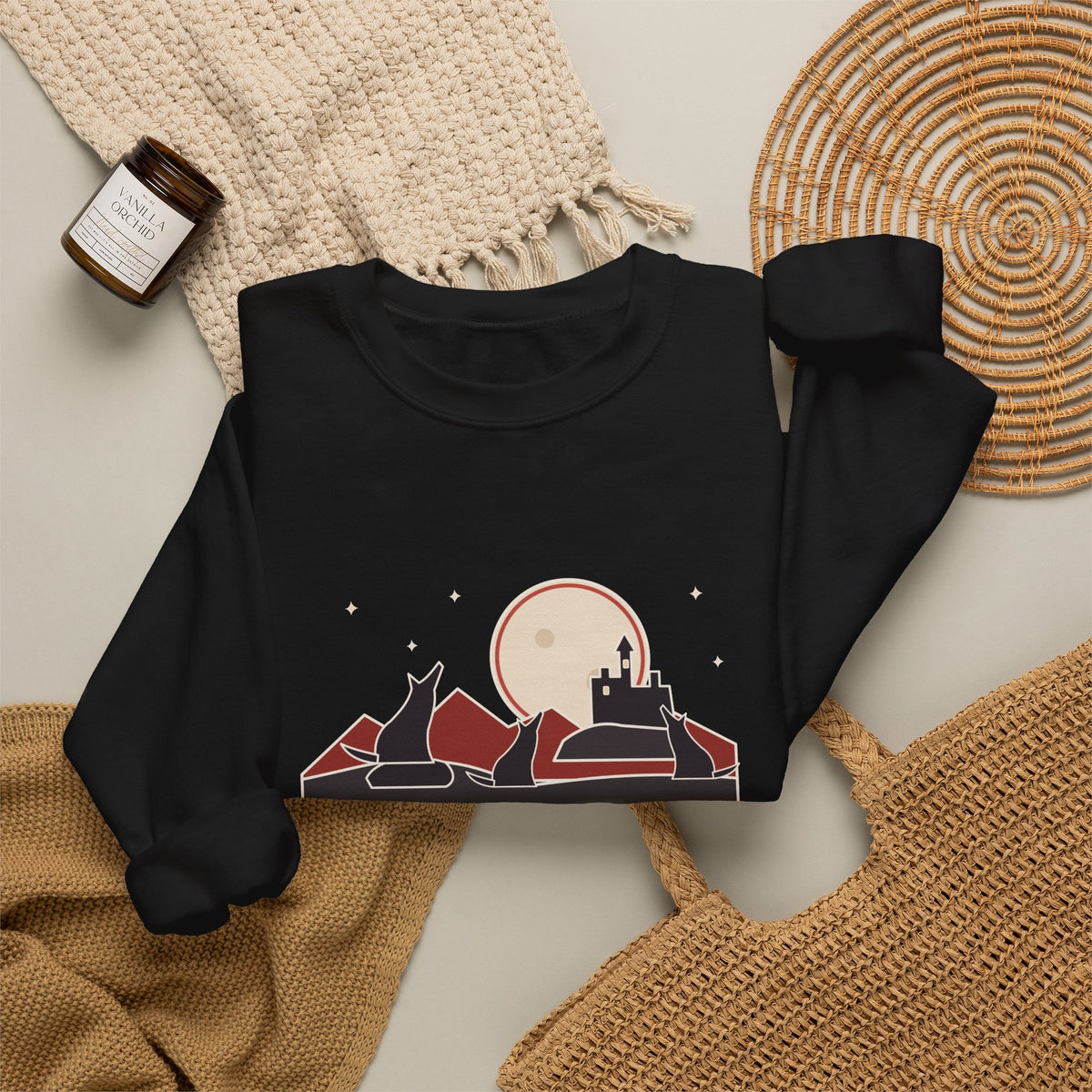 The Children of the Night Sweatshirt, Gothic Bram Stoker Quote Crewneck with Wolves and Red Moon