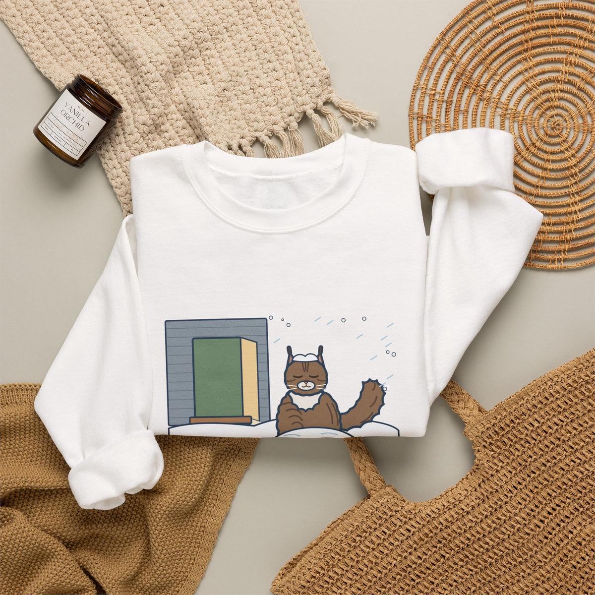 Siberian Cat Crewneck Sweatshirt - Happy in the Snowbank During a Snowstorm