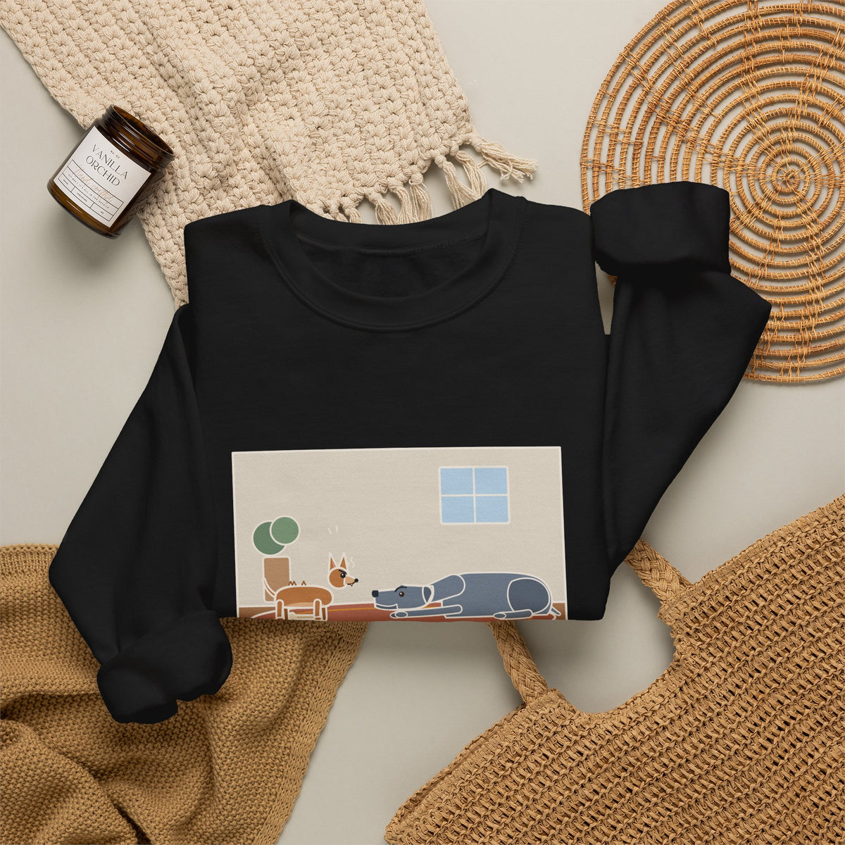 Chiweenie Sweatshirt, Ten Pounds, Guarded His Chew from a Great Dane, Funny Living Room Standoff Crewneck