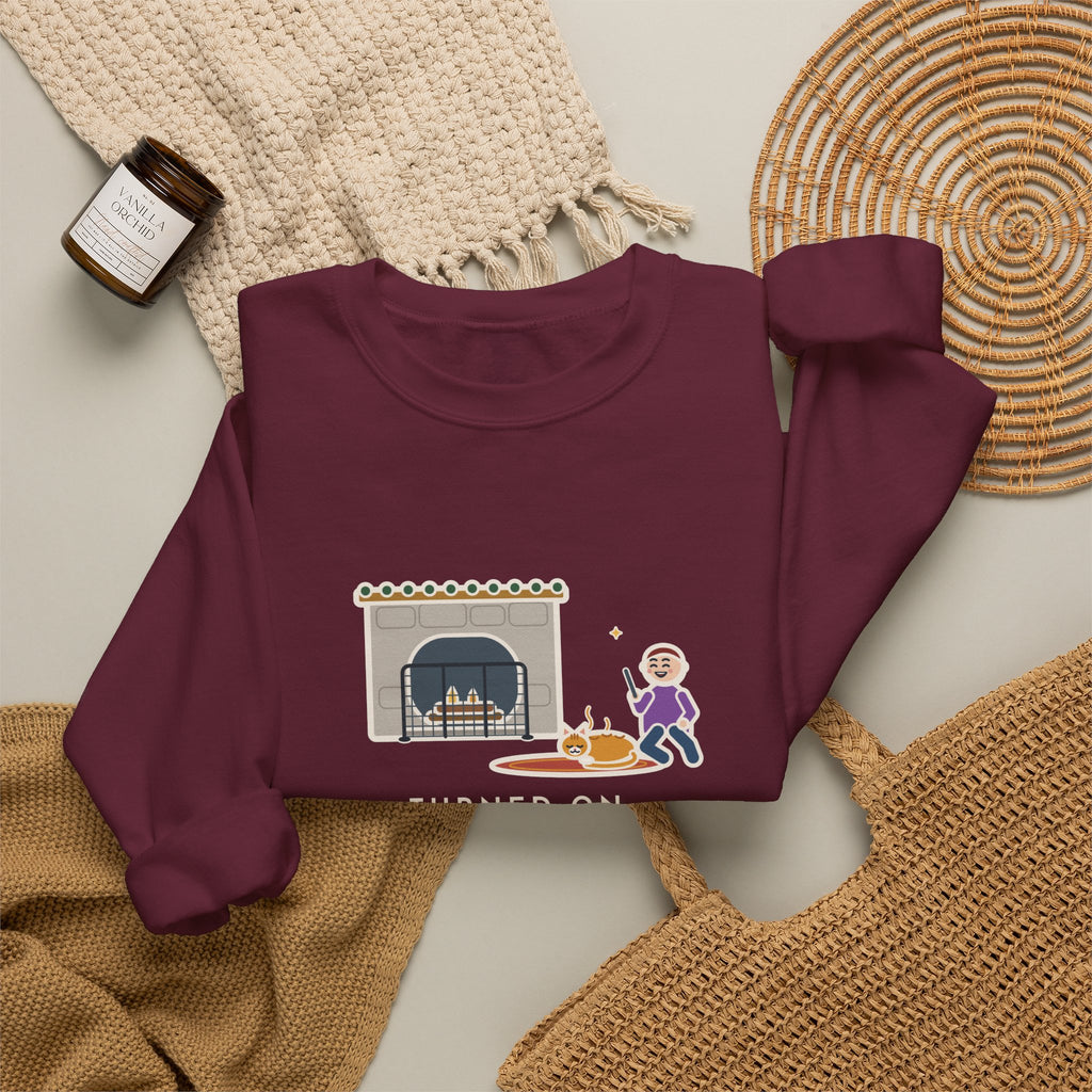Fireplace Cat Sweatshirt, Turned On the Fireplace, The Cat Claimed the Warm Spot Before the Logs Caught, Funny Hearth Rug Crewneck