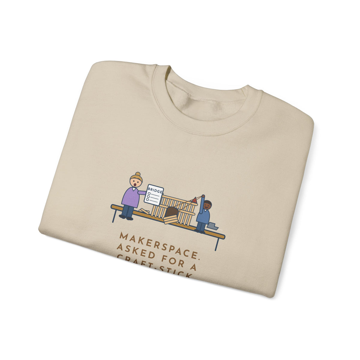Makerspace Teacher Crewneck Sweatshirt - Craft-Stick Castle With a Working Drawbridge