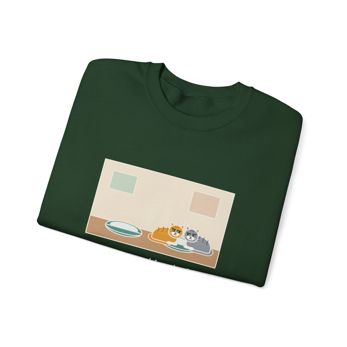 Two Cats Sweatshirt, Two Identical Beds, Both Cram into the Same One and Glare, Funny Bed Standoff Crewneck