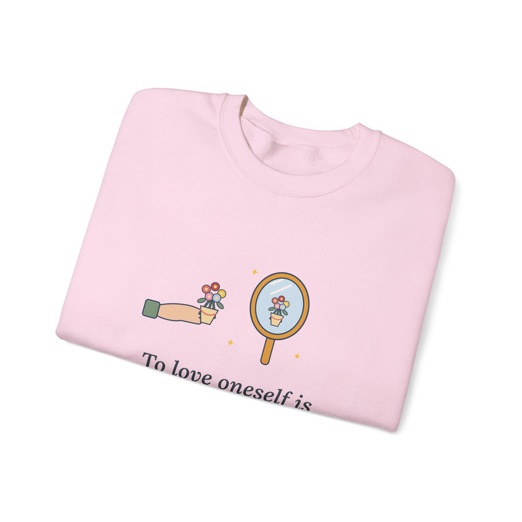 To Love Oneself Is the Beginning of a Life-Long Romance Sweatshirt, Self-Love Oscar Wilde Quote Crewneck with Mirror Bouquet